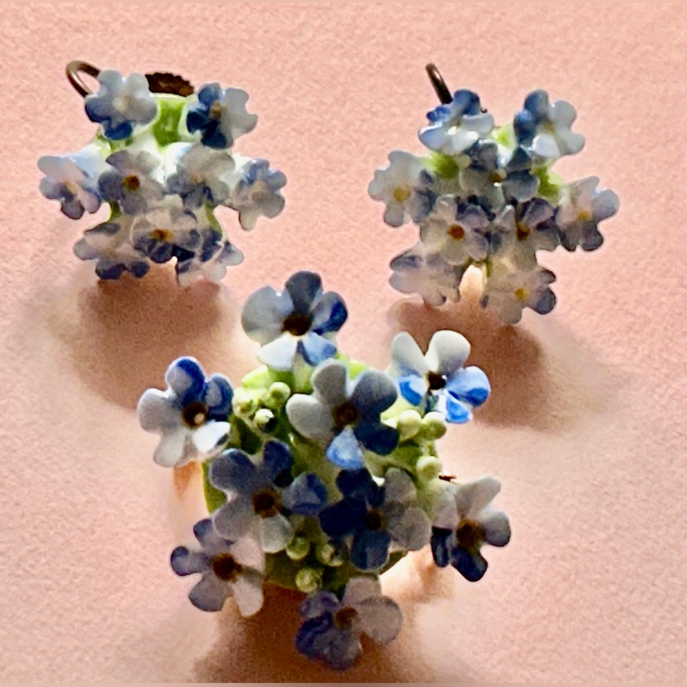 Vintage Made in England Brooch & Earrings Denton China Forget-Me-Nots screwback